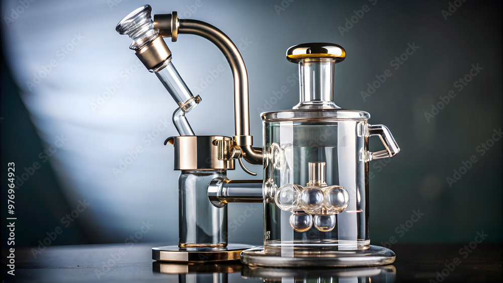 Close-up of stylish dab rig for cannabis concentrates, dab rig, cannabis, concentrate, marijuana, glass, equipment, tool Close-up of stylish dab rig for cannabis concentrates, dab rig, cannabis, concentrate, marijuana, glass, equipment, tool
