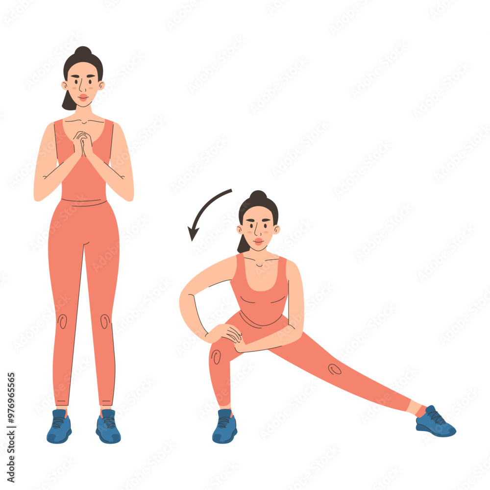 Woman doing side lunges exercise vector isolated. Stretch for hamstrings. Female character doing warm up exercise before workout. Woman doing side lunges exercise vector isolated. Stretch for hamstrings. Female character doing warm up exercise before workout.