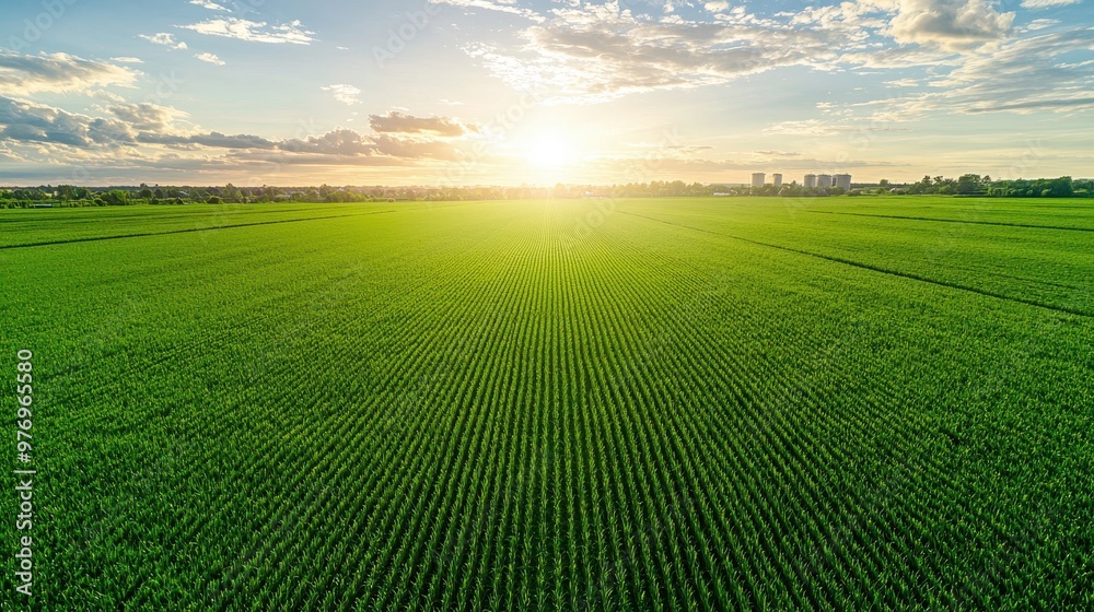 Aerial View of Green Cornfield at Sunset Aerial View of Green Cornfield at Sunset