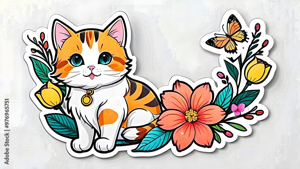 Playful Cartoon Cat with Flowers and Butterfly Design