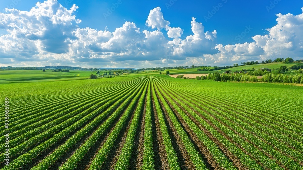 Green Agricultural Field with Rows of Crops Under a Blue Sky with White Clouds Green Agricultural Field with Rows of Crops Under a Blue Sky with White Clouds