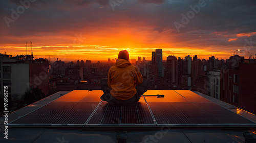 A person sits on a rooftop ...