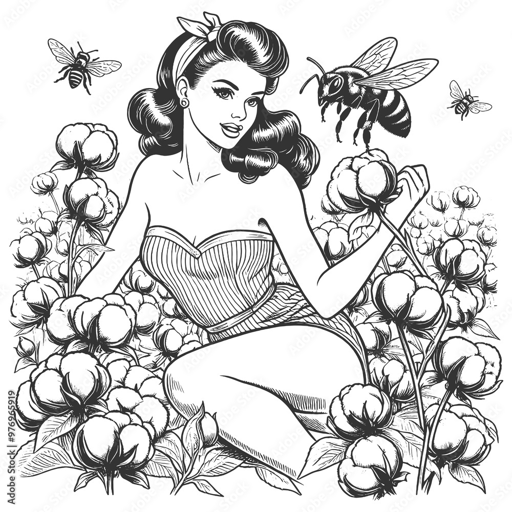 Obraz premium pin-up girl sitting in a cotton field with bees flying around, styled in a retro 1950s design sketch engraving generative ai raster illustration. Scratch board imitation. Black and white image.