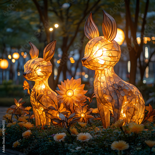 Illuminated sculptures of rabbits surrounded by bright flowers, creating a charming atmosphere in a beautifully lit garden. photo