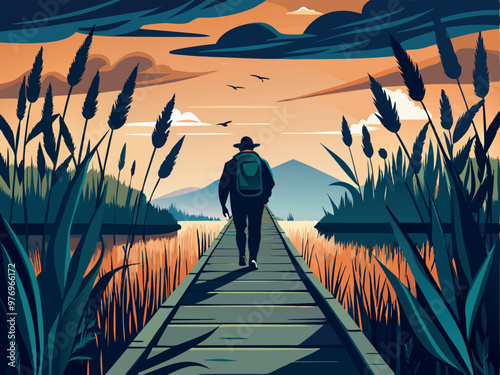 A silhouette of a hiker walking along a boardwalk through a wetland, with reeds swaying in the breeze, vector illustration
