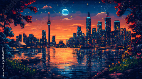 A pixelated cityscape with ...