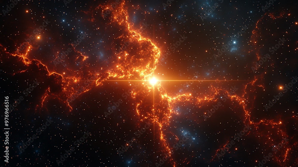 A bright star shines in the center of a nebula, surrounded by glowing gas and dust. A bright star shines in the center of a nebula, surrounded by glowing gas and dust.
