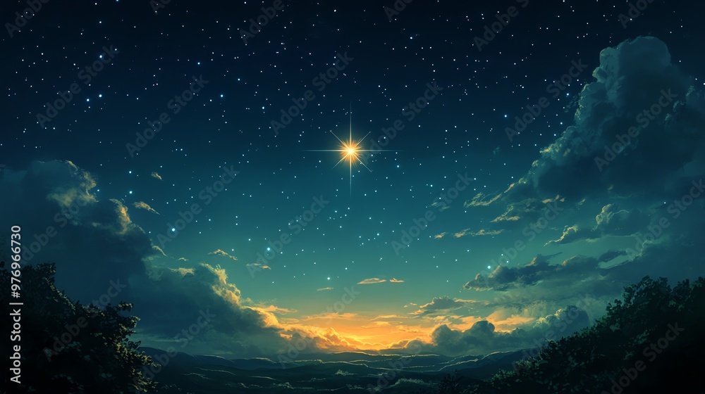 A bright star shines through the clouds at twilight with a golden horizon. A bright star shines through the clouds at twilight with a golden horizon.