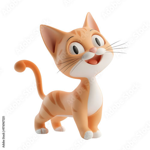 Playful and Expressive 3D Rendered Cartoon Kitten Portrait with Wagging Tail on Pastel Isolated Background