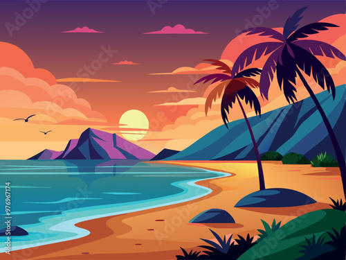A landscape of beach at sunset vector illustration
