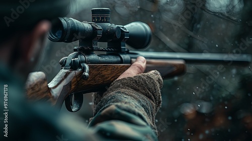 A hunter holds a scoped rifle in a snowy forest.