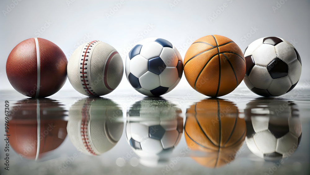Various wet sports balls lined up on a white surface, reflecting light , beach ball, American football Various wet sports balls lined up on a white surface, reflecting light , beach ball, American football
