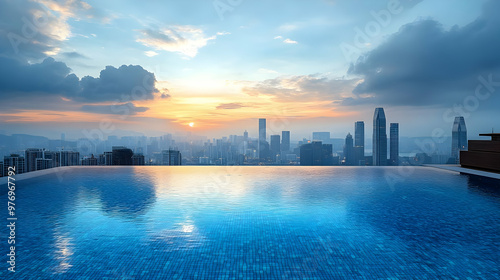 A rooftop infinity pool with a city skyline and sunrise in the background.