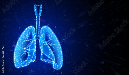 Illustration of two human lungs in a modern style using geometric shapes connected to form the shape of human lungs on a dark blue background.