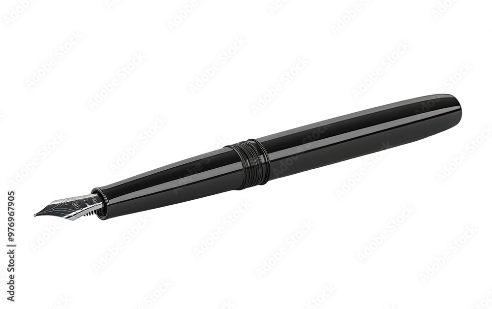 Elegant black fountain pen on transparent background, png	