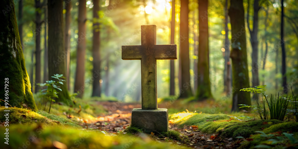 Painting of a cross on a grave in the woods , grave, cross, painting, artwork, cemetery, memorial, remembrance Painting of a cross on a grave in the woods , grave, cross, painting, artwork, cemetery, memorial, remembrance