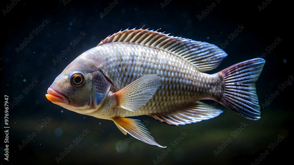 Tilapia fish in tank isolated on black background, selective focus, tilapia, fish, tank, isolated, black background Tilapia fish in tank isolated on black background, selective focus, tilapia, fish, tank, isolated, black background