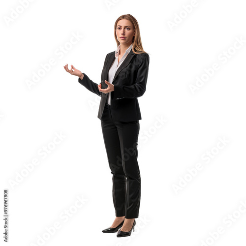 Businesswoman standing and gesturing with hands while giving a presentation