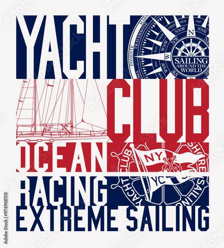 Yacht club ocean racing extreme sailing vector print for kid boy man t shirt 