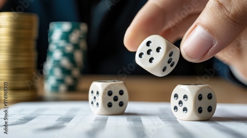 Financial Risk and Strategy Concept - Hands Rolling Dice on Table with Reports, Copy Space for Text