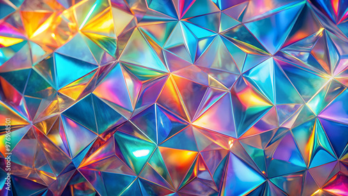 Multicolored holographic light crystal patterns on seamless background, iridescent, hologram, shimmering, glass, colorful