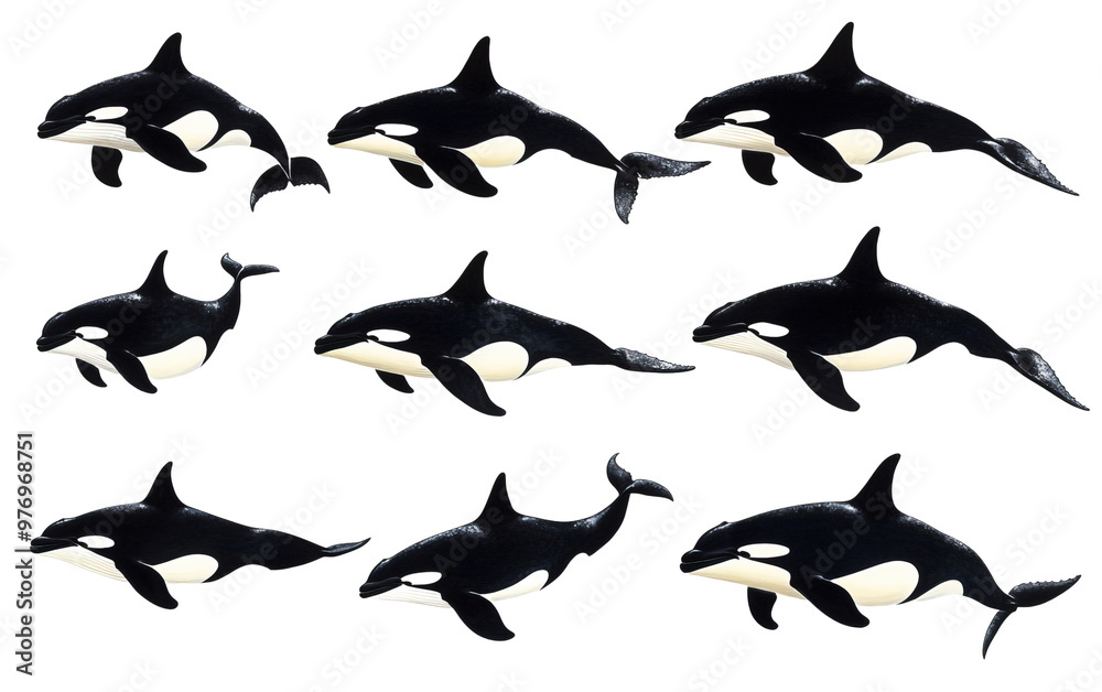 Obraz premium Eight killer whales swimming on transparent background, png 