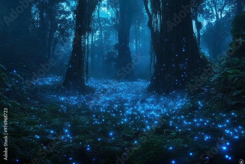 Alien World with Towering Bioluminescent Trees and a Dark Forest Landscape