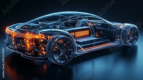 Wireframe Rendering of an Electric Car with Glowing Battery Cells