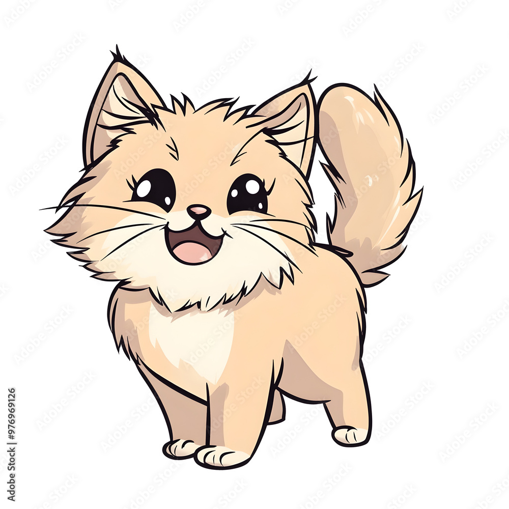 Cheerful and Playful Chibi Style Persian Cat with Wagging Tail on Pastel Background Cheerful and Playful Chibi Style Persian Cat with Wagging Tail on Pastel Background