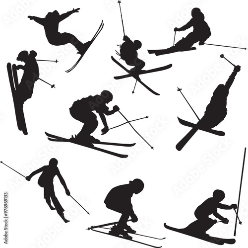 Vector silhouette downhill skier set