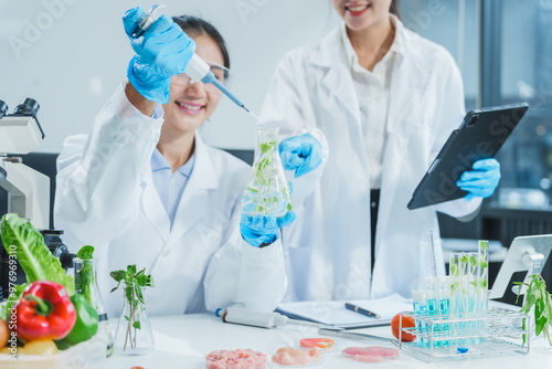 Two Asian women in a lab work on food research, using a microscope, petri dish, and test tubes filled with chemical solutions. They study vegetables, pork, and plants for GMO traits and nutrition.