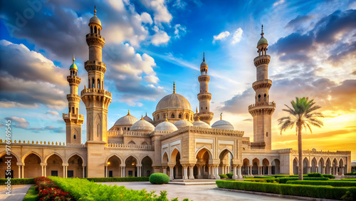 A breathtakingly beautiful mosque with intricate Islamic architecture and stunning minarets, Islamic, mosque