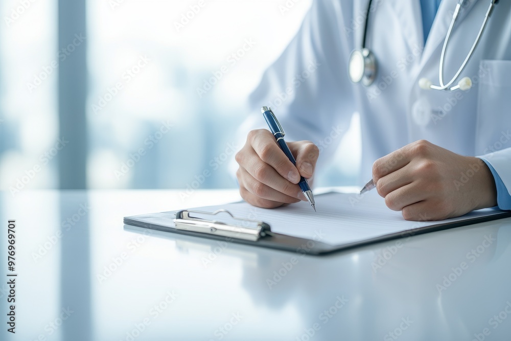 Obraz premium A healthcare professional writes notes, showcasing a stethoscope and a focus on patient care in a professional setting.