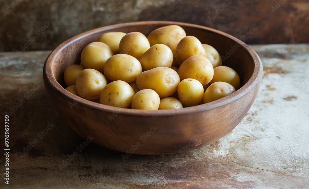 A wooden bowl filled with freshly harvested small potatoes against a rustic background. A wooden bowl filled with freshly harvested small potatoes against a rustic background.