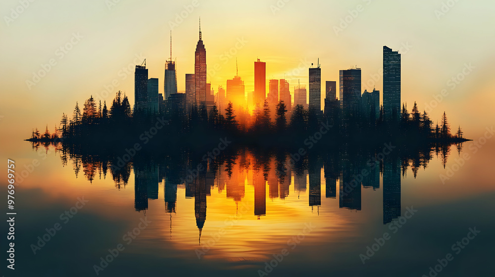 Fototapeta premium A silhouette of a city skyline at sunrise, reflected in the water.