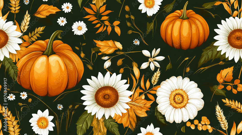 Autumn pattern with flowers and pumpkins. Autumn pattern with flowers and pumpkins.
