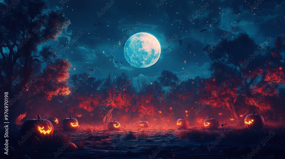 Jack-o'-Lanterns Glowing in a Dark Forest Under a Full Moon Jack-o'-Lanterns Glowing in a Dark Forest Under a Full Moon
