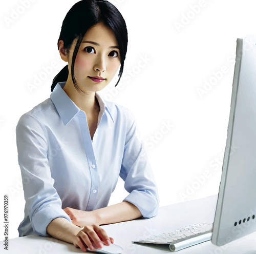 パソコンの前で仕事をしている日本人の若い女性