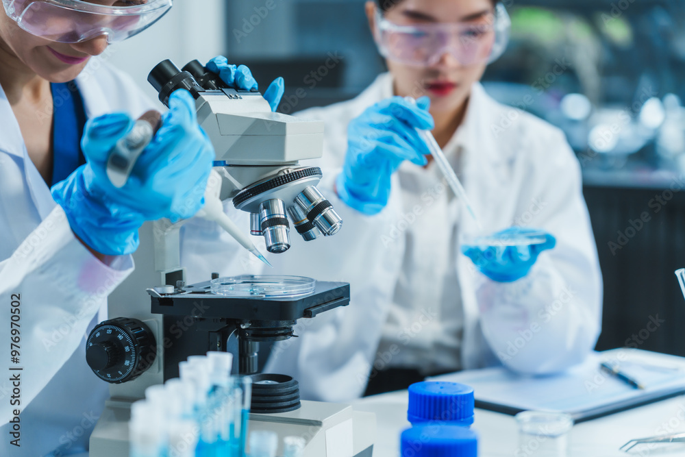 Fototapeta premium Two Asian women in a lab work on food research, using a microscope, petri dish, and test tubes filled with chemical solutions. They study vegetables, pork, and plants for GMO traits and nutrition.