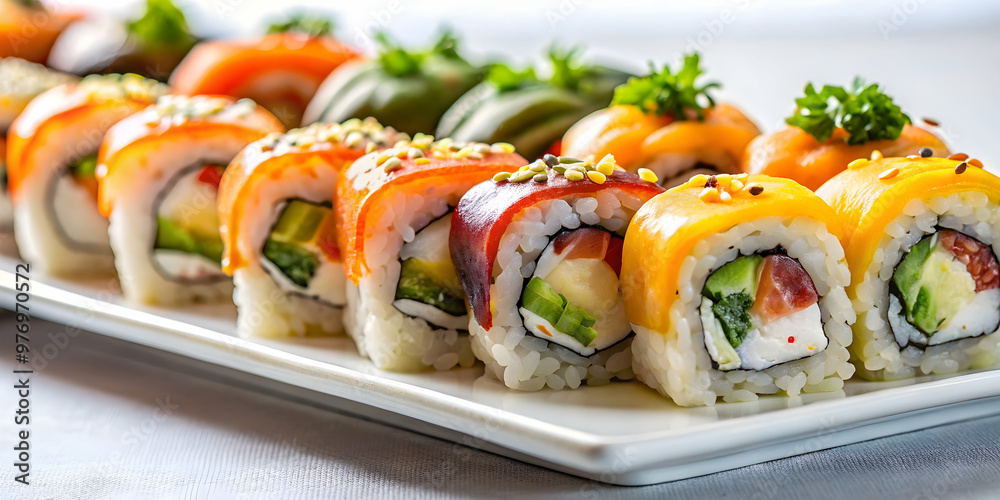 A close-up photo of assorted sushi rolls on a white plate , Japanese cuisine, raw fish, maki rolls, nigiri, sashimi A close-up photo of assorted sushi rolls on a white plate , Japanese cuisine, raw fish, maki rolls, nigiri, sashimi