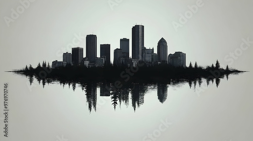 A silhouette of a city skyline with a reflection in the water.