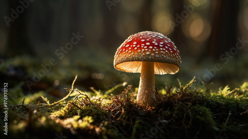 Fungo velenoso illuminato dalla luce, circondato dal muschio in un bosco photo