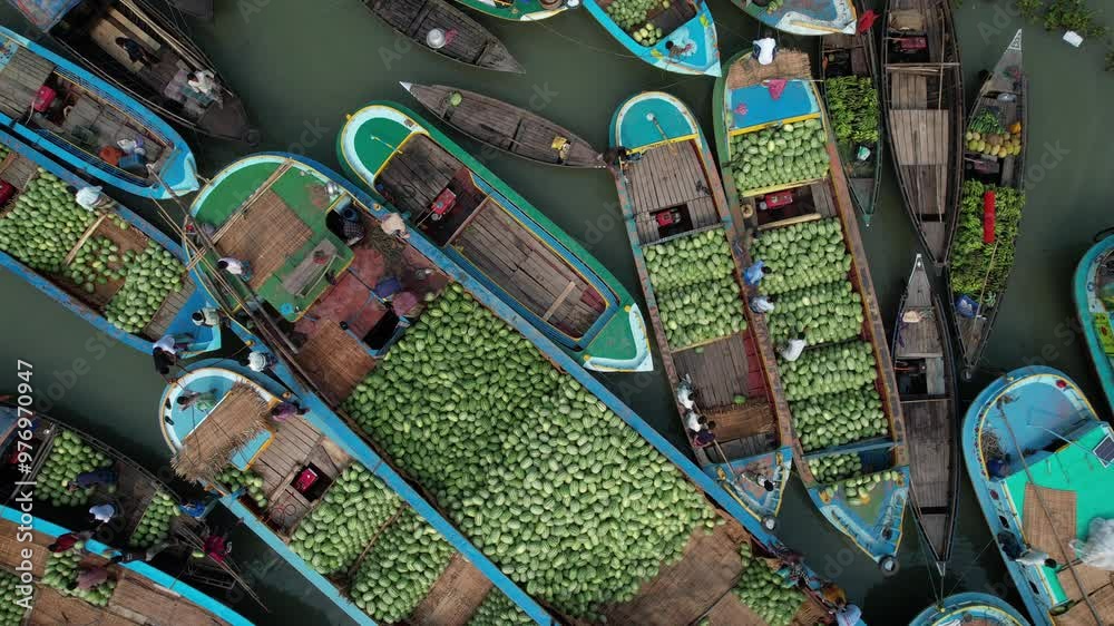 Aerial view of the weekly floating market, Barisal Division, Harta, Bangladesh