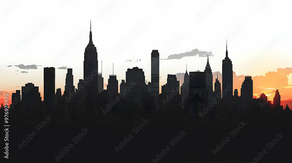A silhouette of a city skyline with a sunset in the background. A silhouette of a city skyline with a sunset in the background.