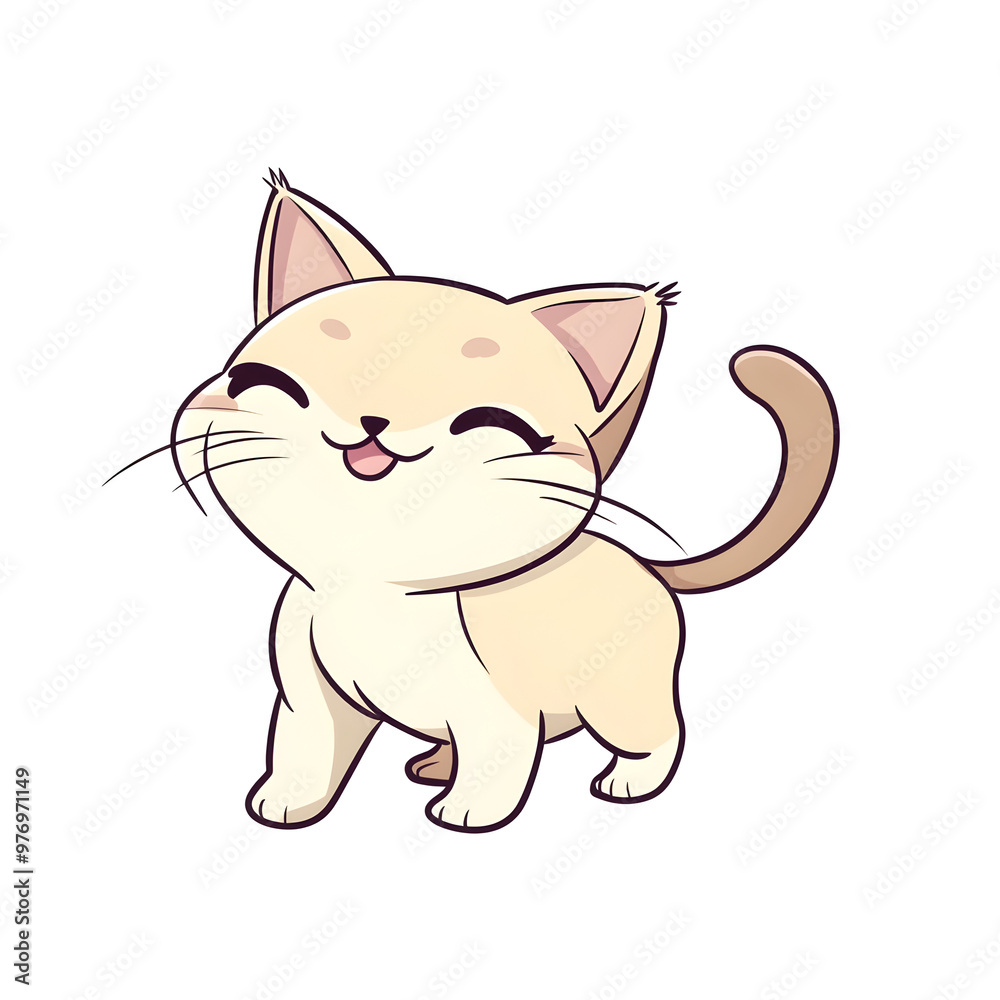 Cheerful and Playful Maine Cat in Chibi Style with Wagging Tail on Pastel Isolated Background
