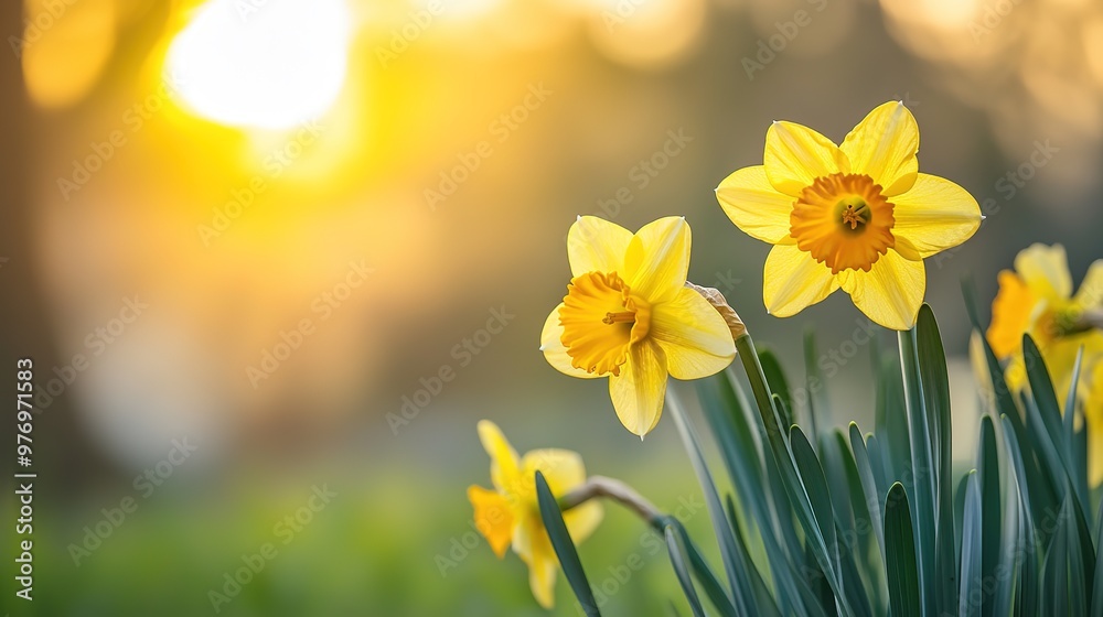 Obraz premium A stunning display of beautiful daffodil flowers adorned with sun spikes, capturing the essence of springtime vibrancy. This illustration highlights the bright yellow blooms and their unique features,