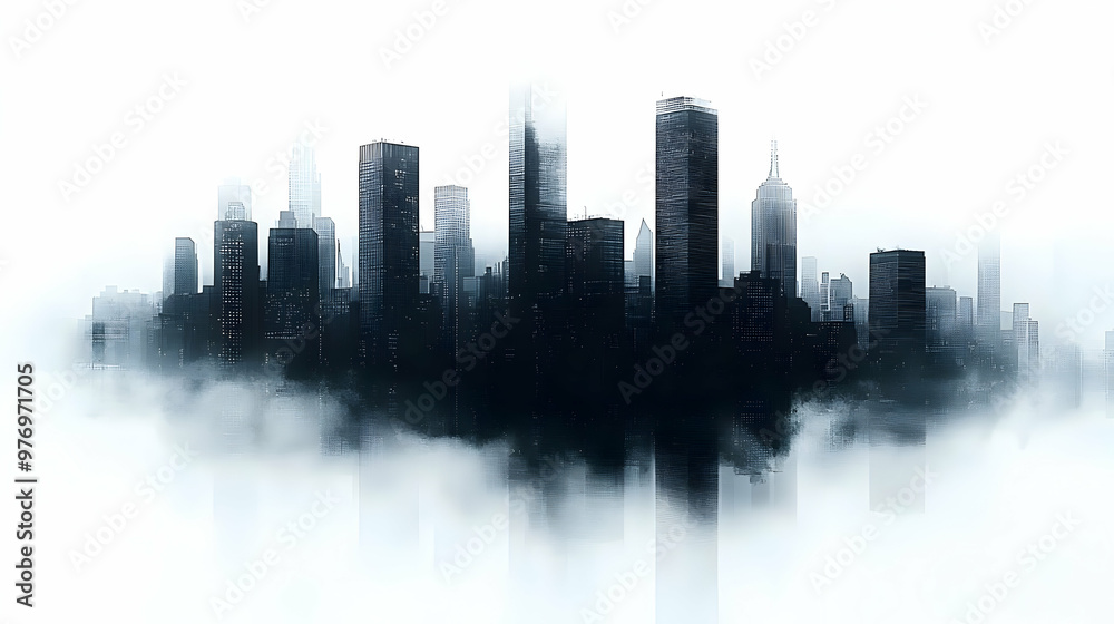 A silhouette of a modern city skyline emerges from a thick layer of fog, creating a surreal and ethereal atmosphere. A silhouette of a modern city skyline emerges from a thick layer of fog, creating a surreal and ethereal atmosphere.