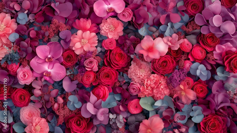 Vibrant floral arrangement with various shades of red and pink roses. Romantic and beautiful bouquet texture background Vibrant floral arrangement with various shades of red and pink roses. Romantic and beautiful bouquet texture background