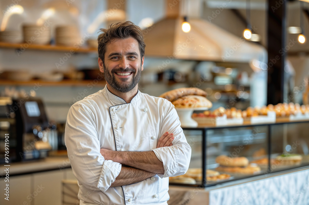 Fototapeta premium Chef standing in a restaurant kitchen with hands crossed