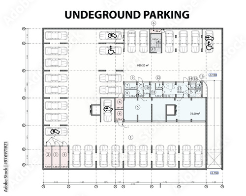 Vector architectural project of a multistory building basement with underground parking